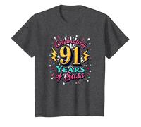 91st Birthday Gift: Celebrating Years of Sass T-Shirt, Kids, Dark Heather Grey, 4 Years