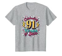 91st Birthday Gift: Celebrating Years of Sass T-Shirt, Kids, Heather Grey, 4 Years
