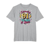 91st Birthday Gift: Celebrating Years of Sass T-Shirt, Men's Big and Tall, Heather Grey, 2X Tall
