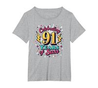91st Birthday Gift: Celebrating Years of Sass T-Shirt, Women's Plus, Heather Grey, 5X