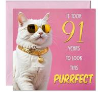 91st Cat Birthday Card for Women - Purrfect Birthday - Funny Cat Birthday Card for 91 Year old woman Ladies Ninety One Ninety First Nan Grandma Mum Aunt Sister Mum Friend Kitty Kitten