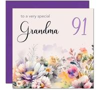 91st Grandmother Birthday Card - Purple Floral Nanny Grandma Birthday Card for 91 Year oldNinety One Ninety First