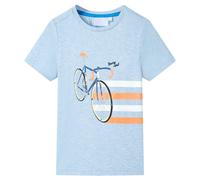 vidaXL Kids' T-Shirt - Soft Blue Melange Cotton/Poly Blend Shirt with Bike Print for Toddlers, Size 92, Round Neck, Short-Sleeved