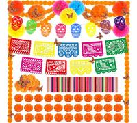 92 Pcs Dia De Los Muertos Decorations Set, Day of the Dead Decoration Include Marigold Flowers with Stem Marigold Garland Table Runner Butterfly Skulls Banner for Halloween Indian Diwali Altar