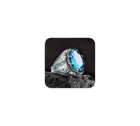 925 Plated Silver CZ Aquamarine Men's Ring Multicolor Stone Ring Vintage Turkish Style Men Women Handmade Carved Silver Ring Emerald Stone Jewelry Size 5-12, 6#