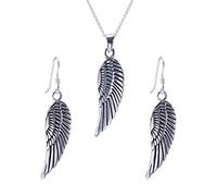 925 Silver Angel Wing Jewellery Set for Women - Sterling Silver Textured Feather Earrings and Necklace - Gothic Boho Bird Wing Jewellery - Protective Spiritual Symbol Gift