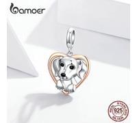 (925 silver) Bamoer 925 Sterling Silver Cute Puppy Bead Heart-shape Rose Gold Plated Charm Pendant For Women Treasure Jewelry Fit Origional Bracelet
