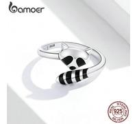 (925 silver) Bamoer Authentic 925 Sterling Silver Black Enamel Raccoon Adjustable Finger Rings For Women Jewelry