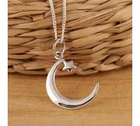925 Silver Crescent Moon and Star Pendant Necklace Chain Gift Box-Without Chain