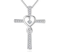 925 Silver Heart-shaped Cross NecklaceWomen,Birthday Commemorative Cross and Chain Ladies,Inlaid with Cubic Zirconia, a Catholic Cross pendant - 1.69 x 1.22 in, chain length:20in (White)