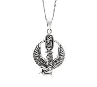 925 Silver Kneeling Winged Isis With Cartouche Medallion Necklace for Women and Men - Sterling Silver Egyptian Goddess Pendant Curb Chain - Ancient Symbol Necklace - Spiritual Jewellery