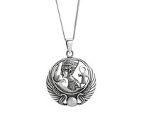 925 Silver Large Queen Nefertiti Medallion Necklace for Men and Women - Sterling Silver Winged Scarab Disc Pendant 18" Curb Chain - Ankh Cross Necklace - Egyptian Pharaoh Jewellery