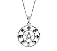 925 Silver Large Round Moon Phase Star Pendant - Sterling Silver Pentacle Medallion Necklace for Women - Celestial Openwork Pentagram Talisman - Symbolic Wiccan Jewellery
