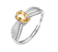 925 Silver Natural Gemstone Rings Adjustable Vintage Brushed Band Oval Cut Wedding Engagement Promise Band For Women Girls Birthstone Jewellery Gifts, Gold Plated Or Plating Citrine Ring