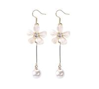 925 Silver Needle Small Fresh White Flower Tassel Pearl Earrings Doorknocker Hoop Earrings (B, One Size)