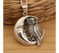 925 Silver Owl on the Moon Large Pendant Necklace Gift Boxed-20 Inch 1.2mm Curb Chain