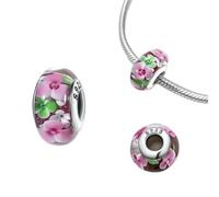 925 Silver Pink Color Series Beads Heart Flower Murano Glass