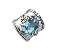 925 Silver Plated Chunky Colored Gemstones Statement Ring for Women,Blue Oval Cubic Zirconia Boho Rings Cocktail Mothers Day Bridesmaid Gift, Handmade Bands Jewelry Size 8#