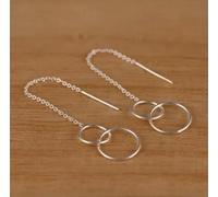 925 Silver Pull Trough Double Open Circle Threader Chain Earrings