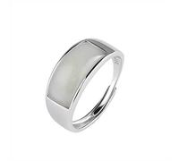 925 Silver Ring Nephrite White Jade Rectangular Curved Men's and Women's Ring Simple Ring Open Design Ring Silver, OZZKI, Silver
