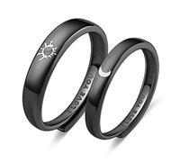 925 Silver Rings for Couple, Sun and Moon Ring I Love You with Black Gold Plated Wedding Ring Set