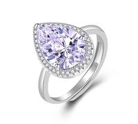925 Silver Super Flash Large Teardrop Engagement Rings for Women Drop Amethyst Open Ring Pear Shaped Cubic Zirconia Promise Rings for Her
