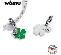 (925 silver) Wostu 925 Sterling Silver Ladybug Green Four Leaf Charm Bead Pendant Fit Original Bracelet Necklace For Women Jewelry
