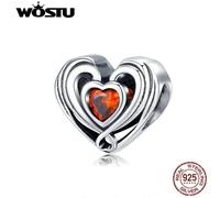 (925 silver) Wostu Authentic 925 Sterling Silver Heart Bead Red Cz Charms Fit Original Bracelet Pendant Jewelry