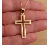 925 Silver Yellow Gold Plated Plain Open Cross Pendant Necklace Boxed-30 Inch 1mm Curb Chain