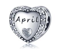 925 Solid Sterling Silver Engraved Heart Clear Crystal Birthstone CZ Heart Bead Charm For Pandora Bracelets Charms Necklaces | April | Gift Boxed