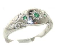 925 Solid Sterling Silver Natural Emerald Antique style Gypsy band Ring - Size Z