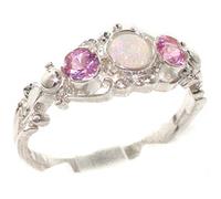 925 Solid Sterling Silver Natural Fiery Opal & Pink Tourmaline English Georgian style Trilogy Ring - Size L 1/2