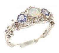 925 Solid Sterling Silver Natural Fiery Opal & Tanzanite English Georgian style Trilogy Ring - Size R