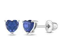 925 Sterling Silver 5mm Toddlers Simulated Sapphire Heart Shape Cubic Zirconia Stud Earrings With Safety Screw Back Locking - Beautiful Earrings For Young Girls Born in September