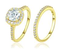 925 Sterling Silver 6x6mm Cushion-Cut CZ Cubic Zirconia Halo Anniversary Wedding Band Engagement Ring Bridal Set, Sizes 5 to 10 Gold Flashed