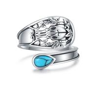 925 Sterling Silver Adjustable Victorian Vintage Eye of Horus Spoon Thumb Ring Turquoise Cow Aztec Calendar Shield Wolf Head Spoon Ring Spiritual Protection, Sterling Silver, No Gemstone
