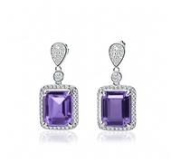 925 Sterling Silver Amethyst Earrings - Square Purple Crystal Drop Dangle Earrings with CZ Halo, Hypoallergenic Vintage Jewelry for Women with RTT Jewelry Box
