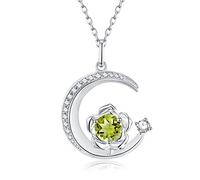 925 Sterling Silver August Birthstone Created Peridot Necklace Rose & Moon Pendant Green Yellow Gemstone Birthday Anniversary Jewellery Gifts for Women Girls Mother Daughter, Adjustable Chain