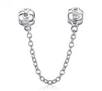 925 Sterling Silver Beads Safety Chain Stopper Charms For Pandora Women's European Style Snake Chain Bracelet Jewelry (Love Crystal Safety Chain)