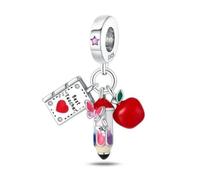 925 Sterling Silver Best Teacher Book, Pencil And Apple Three-In-One Dangle Bead Charm For Pandora Bracelets Charms Necklace | Enamel Charm | Gift Boxed