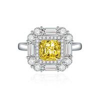925 Sterling Silver Birthstone Wedding Rings for Women Girls Square Crystal Diamond Halo Open Bands Solitaire Asscher Cut Ring Cubic Zirconia Promise Anniversary Adjustable Rings(Yellow)