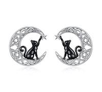 925 Sterling Silver Black Cat Earrings Hypoallergenic Celtic Knot Moon Jewelry Stud Earrings for Women (Moon and black cat)