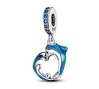 925 Sterling Silver Blue Leaping Playful Dolphin Heart Dangle Bead Charm For Pandora Bracelets Charms Necklace | Cubic Zirconia Enamel Charm | Gift Boxed