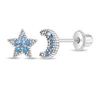 925 Sterling Silver Blue Moon Star Screw Back Earrings For Girls and Teens - Hypoallergenic Screw Back Locking Earrings for Young Girls - Gorgeous Cubic Zirconia Celestial Earrings for Girls