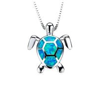 925 Sterling Silver Bohemia Blue Imitation Opal Turtle Necklace For Women, Cute Charm Choker - Hawaiian Necklace, Lovely Ocean Animal Pendant, Sea Girls