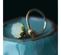 925 Sterling Silver Burnt Blue Ornament Handmade Inlaid Hetian Jade Lotus Retro Women Ring Ring (Gem Color : White)