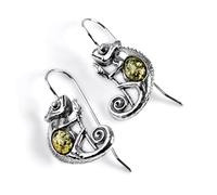 925 Sterling Silver Chameleon Hook Dangle Drop Earrings in Green Baltic Amber, Gecko Lizard Reptile Jewellery Gift, Animal Jewellery