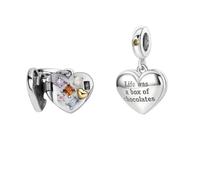 925 Sterling Silver Charm with Heart-Shaped Box of Chocolates Charm & Multicoloured Stones, Inscription, 'Life was a box of chocolates You Never Know what You're Gonna Get' Fits European Bracelets
