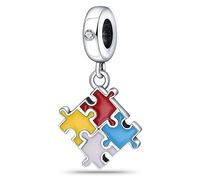 925 Sterling Silver Colorful Autism Puzzle Charm Heart Love Charm Red Crystal Charm Anniversary Charm for Pandora Bracelet (B)