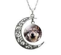 925 Sterling Silver Crescent Moon Necklace For Women And Men, Wolf Glass Cabochon Clavicle Necklace, Phase Moonglow Half